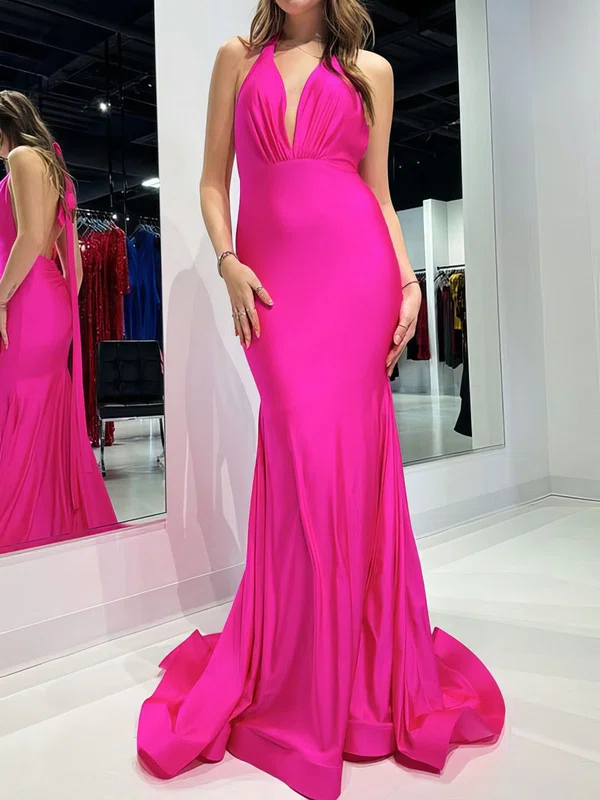 Mermaid Halter Backless Satin Prom Dresses With Ruched #UKM020125199