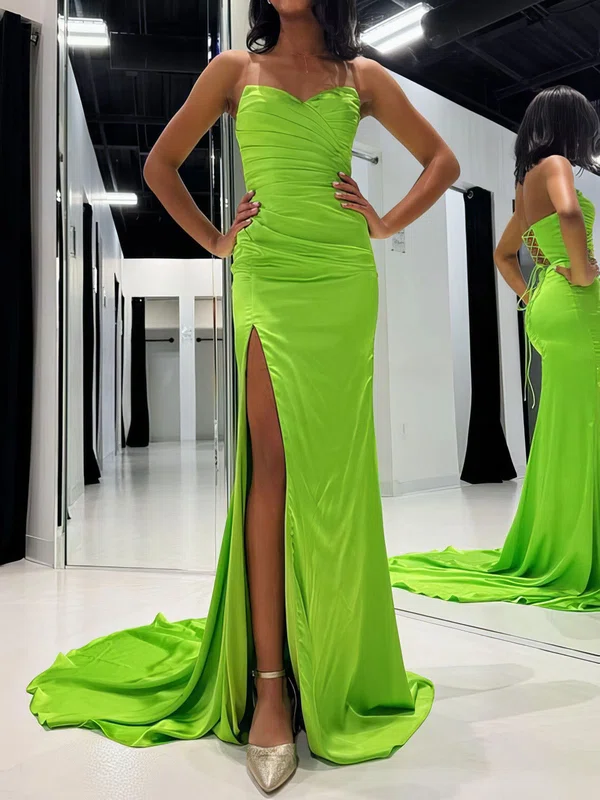 Sheath/Column Strapless Satin Prom Dresses With Ruched #UKM020125209
