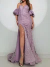 Sparkly Sheath/Column Sequin Off-the-shoulder Split Prom Dresses #UKM020125217