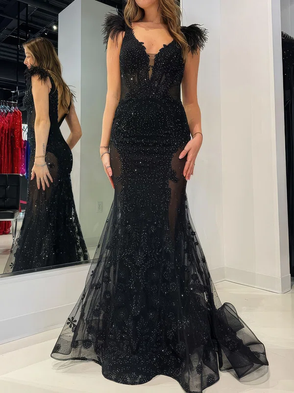 Mermaid V-neck Tulle Beaded Prom Dresses With Appliques #UKM020125224