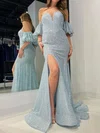 Sheath/Column Off-the-shoulder Sparkly Prom Dresses With Puff Sleeve #UKM020125229