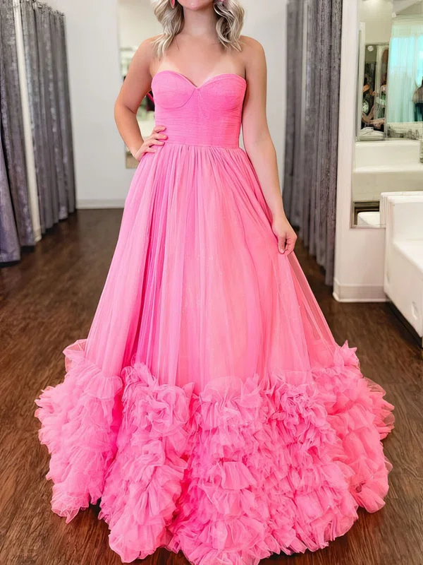 Ball Gown Strapless Tulle Ruffle Tiered Prom Dresses #UKM020125235