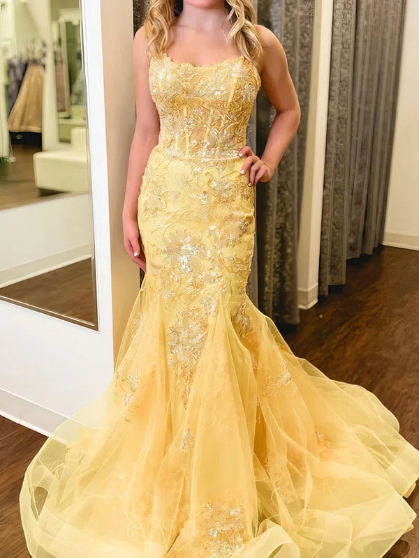 Mermaid Square Neck Tulle Prom Dresses With Appliques #UKM020125238