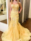 Mermaid Square Neck Tulle Prom Dresses With Appliques #UKM020125238