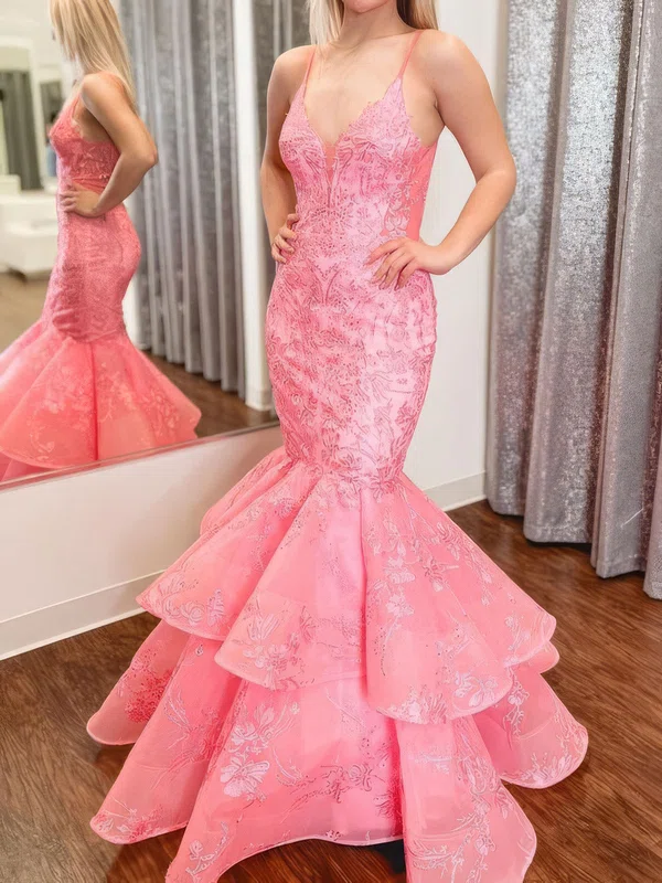 Mermaid V-neck Lace Tulle Cut Out Prom Dresses With Appliques #UKM020125239