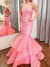 Mermaid V-neck Lace Tulle Cut Out Prom Dresses With Appliques #UKM020125239