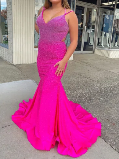 Mermaid V-neck Stretch Crepe Cut Out Beaded Prom Dresses #UKM020124840