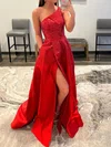 Red Ball Gown One Shoulder Satin Beaded Prom Dresses #UKM020124847