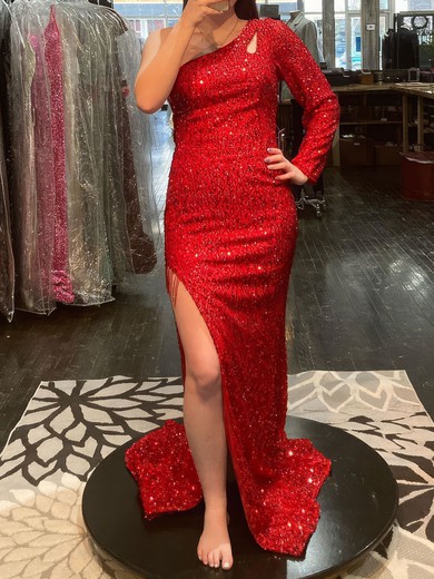 Sheath/Column One Shoulder Cut Out Sparkly Sequin Prom Dresses #UKM020124859