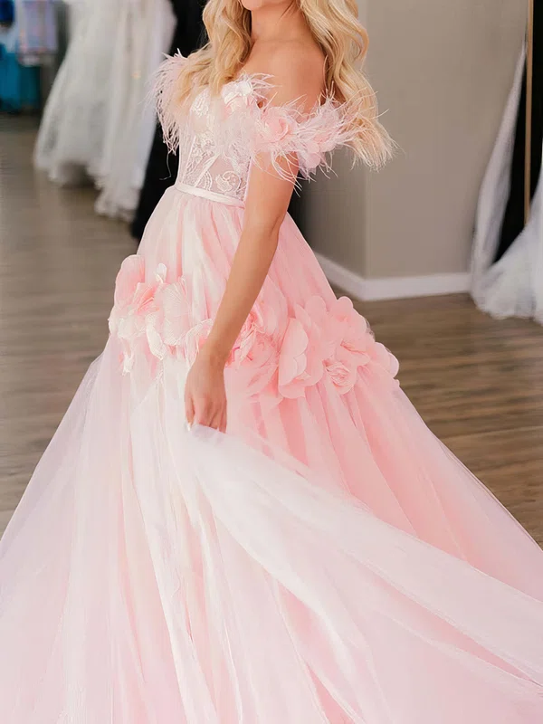 Ball Gown Off-the-shoulder Tulle 3D Floral Prom Dresses With Feather #UKM020124872