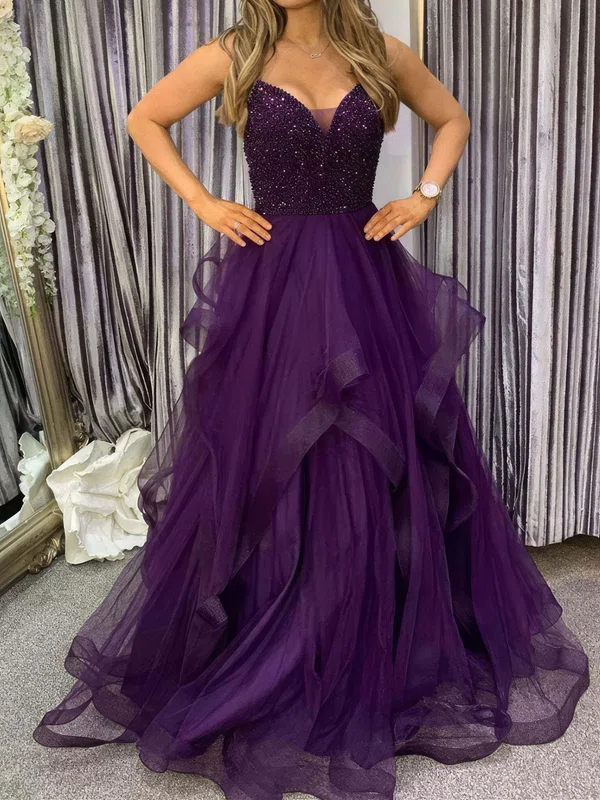 Princess V-neck Tulle Ruffle Prom Dresses With Beading #UKM020124909
