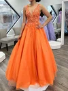 Ball Gown V-neck Tulle Prom Dresses With Appliques #UKM020124923