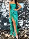 Sheath/Column Strapless Ruched Satin Prom Dresses With Feather #UKM020124958