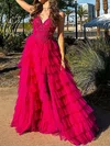 Ball Gown V-neck Tulle Tiered Prom Dresses With Appliques #UKM020124963