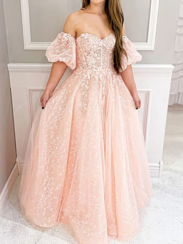 Ball Gown Off-the-shoulder Lace Tulle Prom Dresses With Puff Sleeve #UKM020124985
