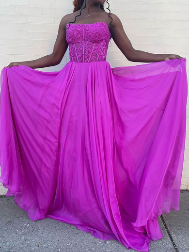 A-line Strapless Chiffon Corset Prom Dresses With Appliques #UKM020124992