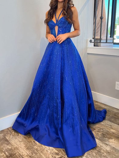 Ball Gown Halter Satin Cut Out Beaded Prom Dresses #UKM020125728