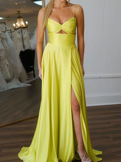 A-line V-neck Satin Cut Out Prom Dresses With Ruched #UKM020125738