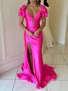 Sheath/Column V-neck Satin Corset Prom Dresses With Ruched #UKM020125740