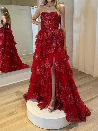 Ball Gown Strapless Tulle Ruffle Tiered Prom Dresses With Appliques #UKM020125745
