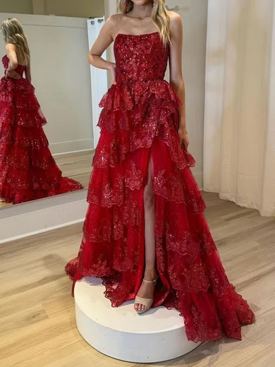 Ball Gown Strapless Tulle Ruffle Tiered Prom Dresses With Appliques #UKM020125745