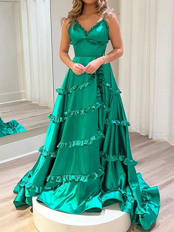 A-line V-neck Satin Backless Ruffle Prom Dresses #UKM020125747