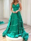 A-line V-neck Satin Backless Ruffle Prom Dresses #UKM020125747