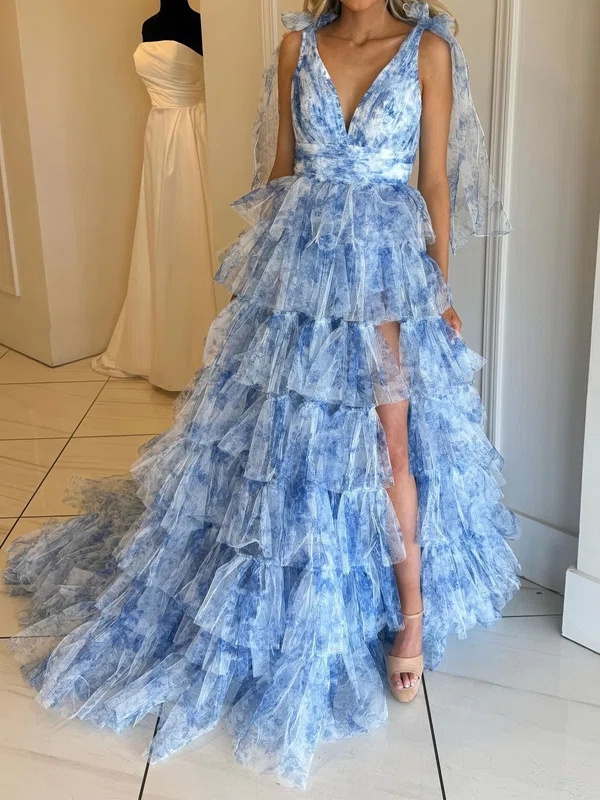 Ball Gown V-neck Tulle Ruffle Tiered Prom Dresses #UKM020125748