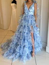 Ball Gown V-neck Tulle Ruffle Tiered Prom Dresses #UKM020125748