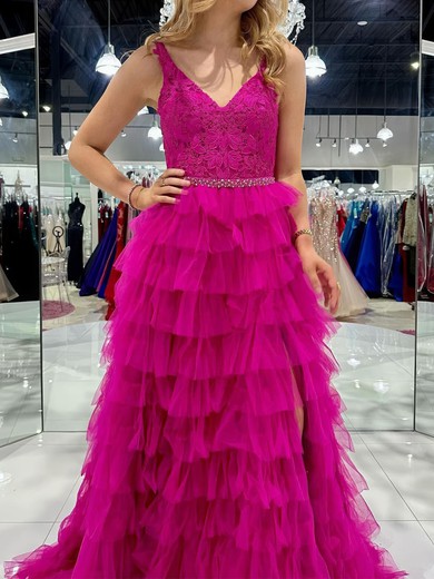 Ball Gown V-neck Tulle Tiered Prom Dresses With Appliques #UKM020125756