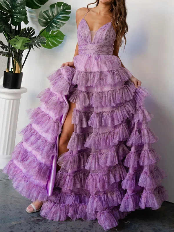 Ball Gown V-neck Tulle Floral Ruffle Tiered Prom Dresses #UKM020125761
