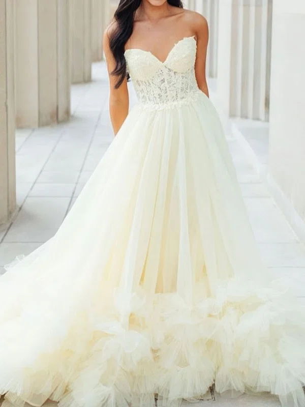 Princess Strapless Tulle Ruffle Prom Dresses With Appliques #UKM020125767