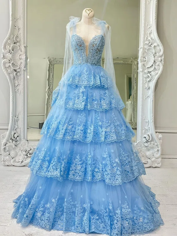 Ball Gown Sweetheart Tulle Tiered Prom Dresses With Appliques #UKM020125773