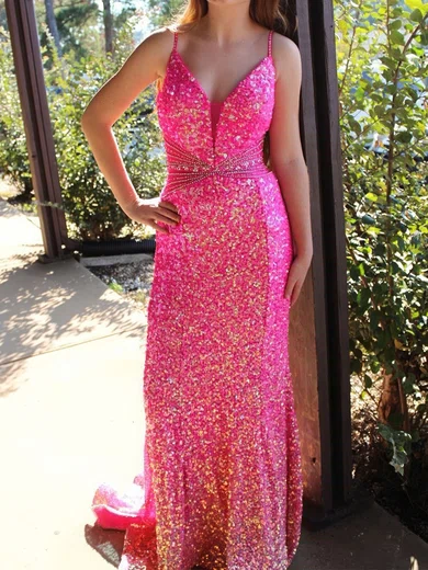 Sheath/Column V-neck Sparkly Sequin Prom Dresses With Beading #UKM020125794