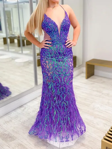 Sheath/Column V-neck Sparkly Sequin Prom Dresses With Feather #UKM020125808