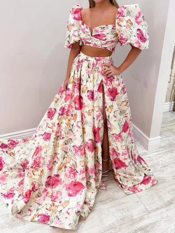 Ball Gown Square Neck Satin Two Piece Prom Dresses With Puff Sleeve #UKM020125809