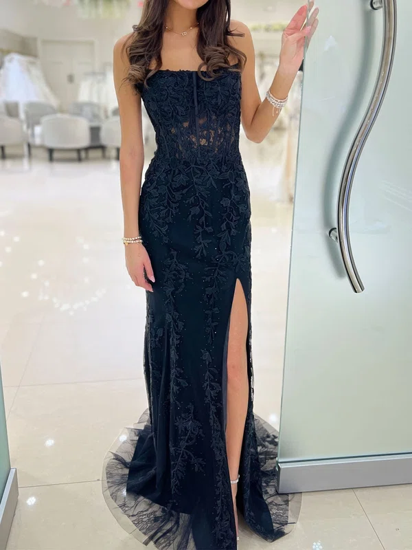 Sheath/Column Strapless Lace Tulle Corset Prom Dresses With Appliques #UKM020125815