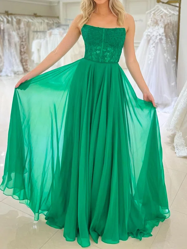 A-line Strapless Chiffon Corset Prom Dresses With Appliques #UKM020125816