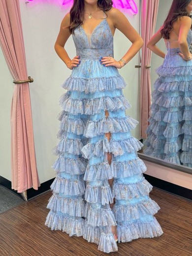 Ball Gown V-neck Tulle Floral Ruffle Tiered Prom Dresses #UKM020125818