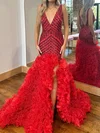 Mermaid V-neck Backless Sparkly Sequin Tulle Prom Dresses #UKM020125821
