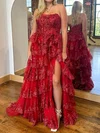 Ball Gown Strapless Tulle Ruffle Tiered Prom Dresses With Appliques #UKM020125822