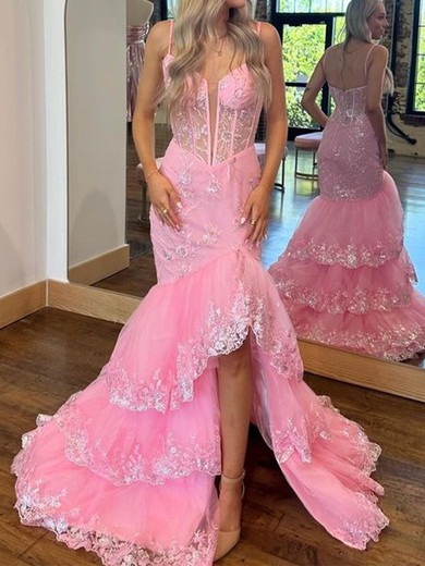 Mermaid V-neck Tulle Tiered Prom Dresses With Appliques #UKM020125824