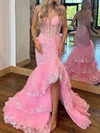 Mermaid V-neck Tulle Tiered Prom Dresses With Appliques #UKM020125824
