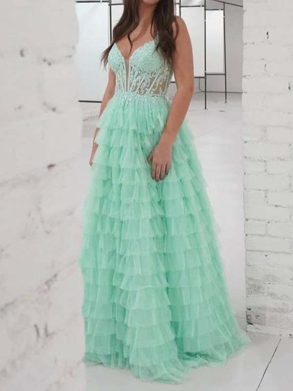 Ball Gown V-neck Tulle Tiered Prom Dresses With Appliques #UKM020125831