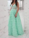 Ball Gown V-neck Tulle Tiered Prom Dresses With Appliques #UKM020125831