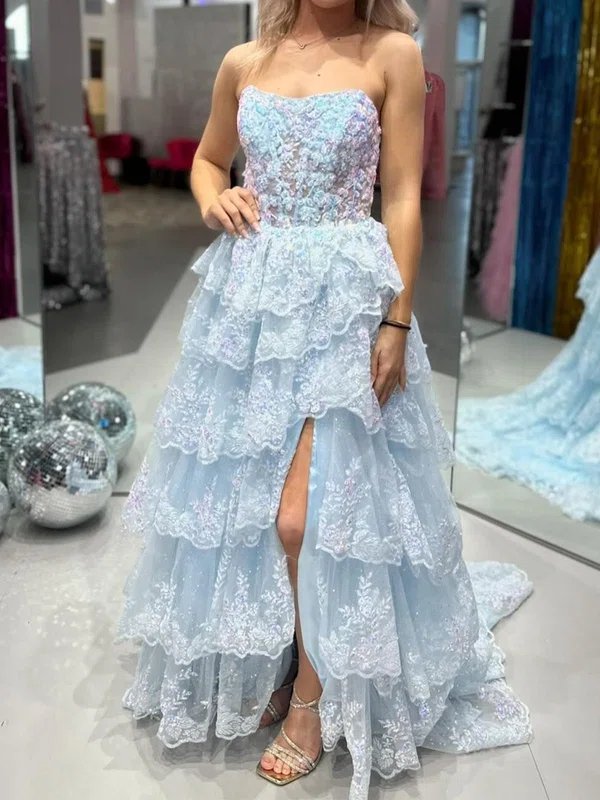 Ball Gown Strapless Tulle Tiered Prom Dresses With Appliques #UKM020125841