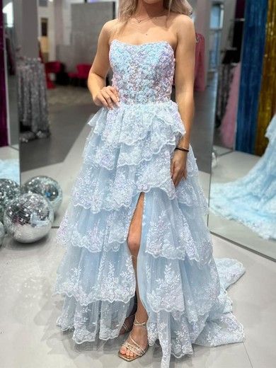 Ball Gown Strapless Tulle Tiered Prom Dresses With Appliques #UKM020125841