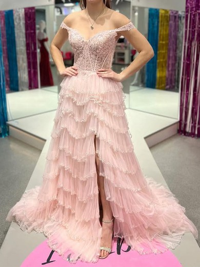 Ball Gown Off-the-shoulder Tulle Tiered Prom Dresses With Appliques #UKM020125844