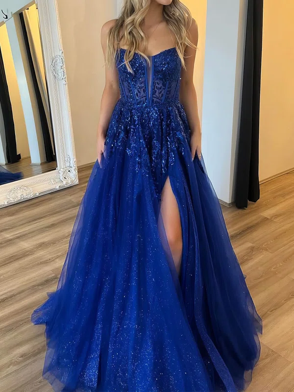 Ball Gown V-neck Tulle Backless Sparkly Prom Dresses With Appliques #UKM020125849