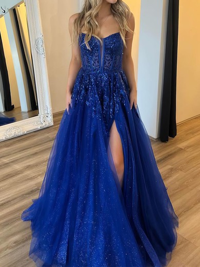 Ball Gown V-neck Tulle Backless Sparkly Prom Dresses With Appliques #UKM020125849